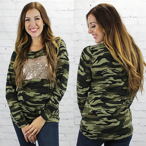 CAMO AND SEQUIN COLOR BLOCK TOP