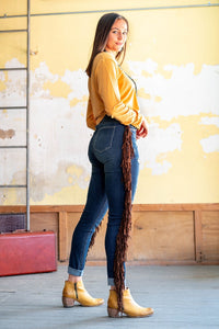 HIGH RISE DISTRESSED SKINNIES WITH FRINGE