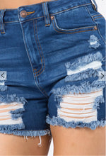 Load image into Gallery viewer, DISTRESSED HIGH RISE DENIM SHORTS